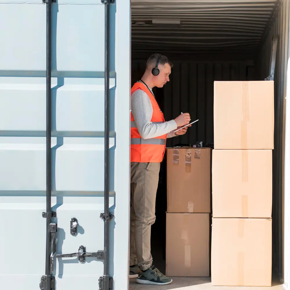 a man standing on a door-to-door service cargo vehicle