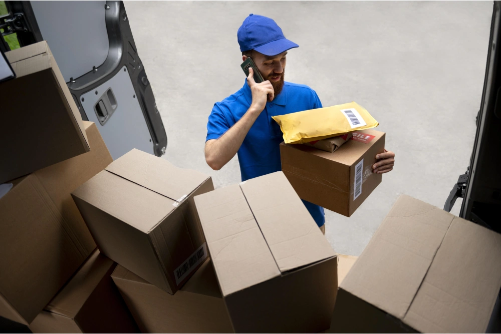 A man wearing a blue shirt holding a package in his hands, showcasing our distribution services.