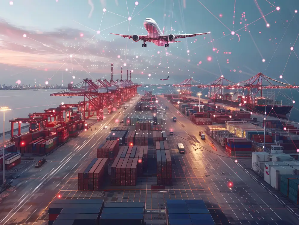 Supply chain management at a modern port with cargo containers, cranes, and an airplane in flight.